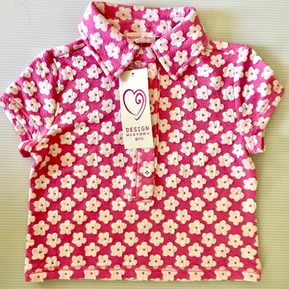 Design History NWT Sz S Girls' Pink & White Floral Polo Shirt - Picture 2 of 3
